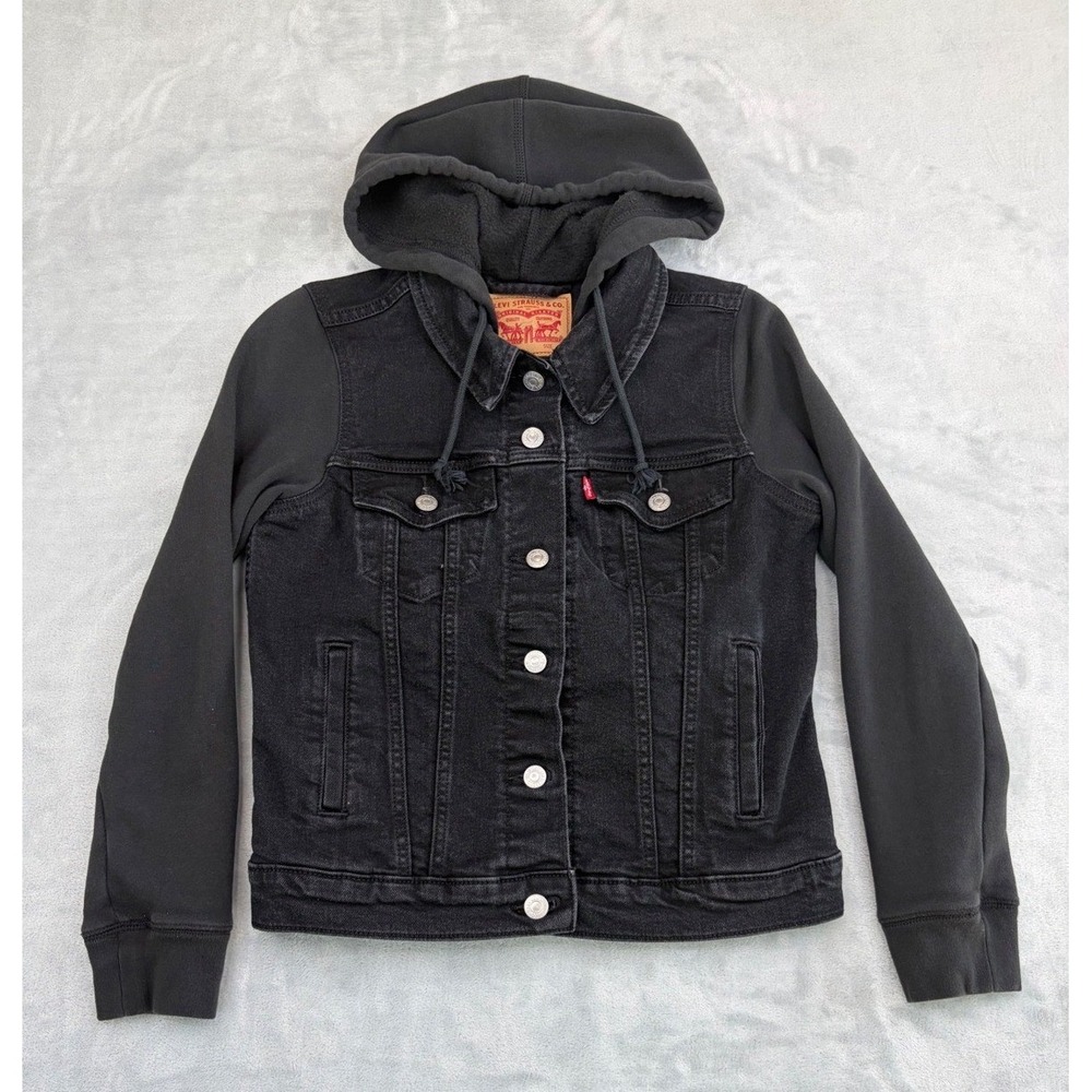 Levis Womens Demin Hybrid Hoodie Trucker Jacket Small Black Grunge Monochrome